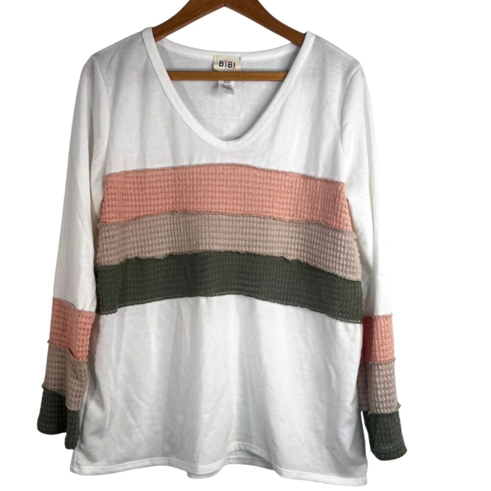 BiBi VTG Colorful Textured Striped Bodice & Cuffs Boho Pullover Top Size Small